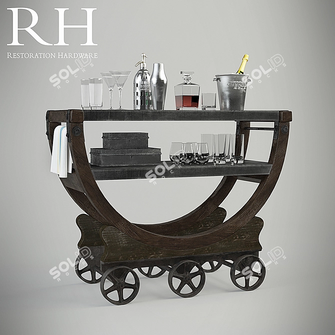 Vintage Factory Bar Cart with Wallpaper Design 3D model image 2