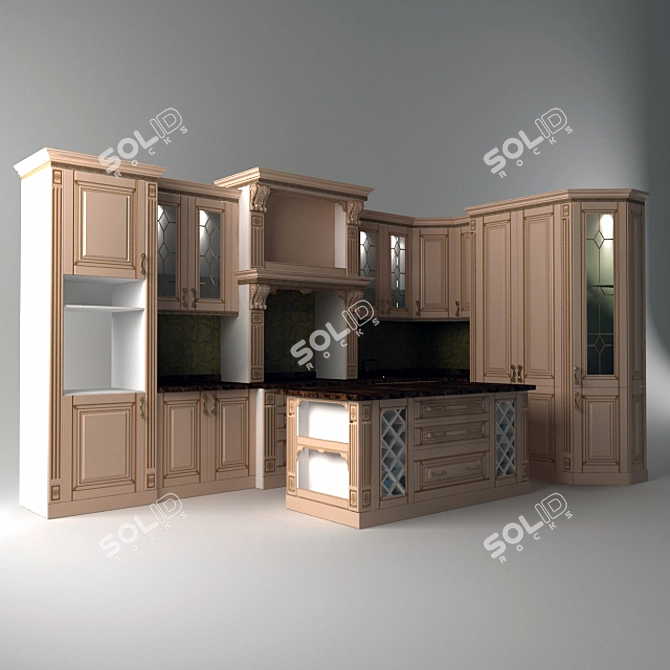 Patinated Oak Kitchen with Textures 3D model image 1