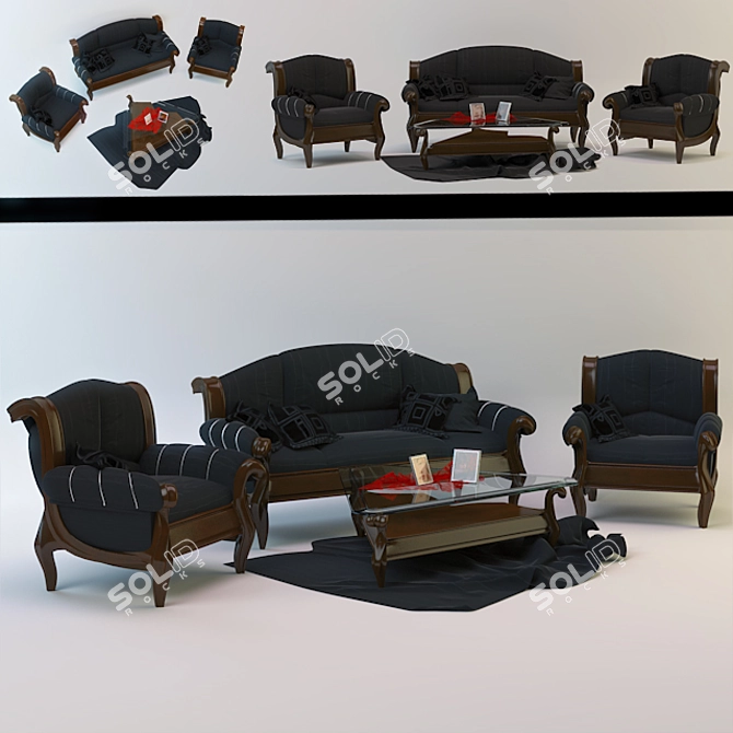 3-Piece Living Room Set: Sofa, Chair, and Table 3D model image 1