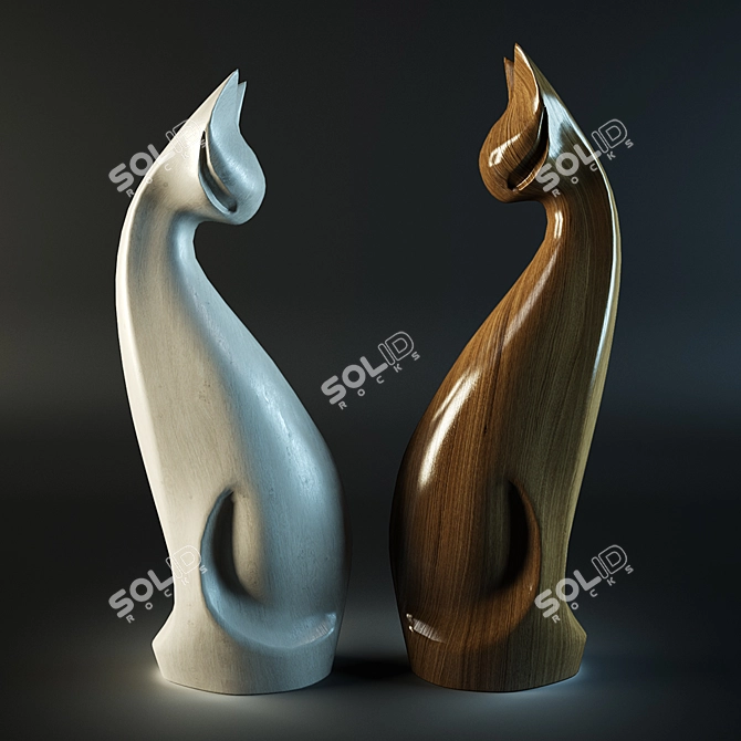 Nature's Union: Wooden Cat Statuettes 3D model image 1