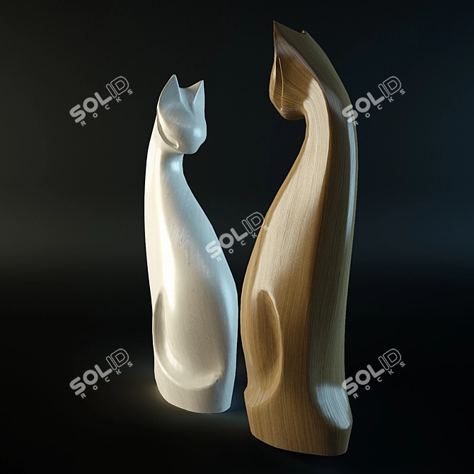 Nature's Union: Wooden Cat Statuettes 3D model image 2