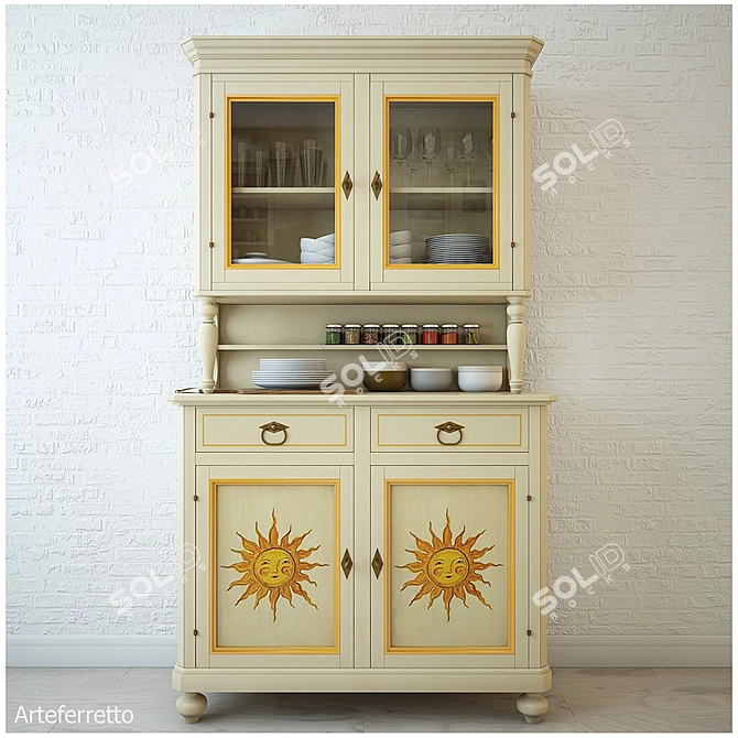 Elegant Yellow Sun Sideboard & Glass Case 3D model image 3