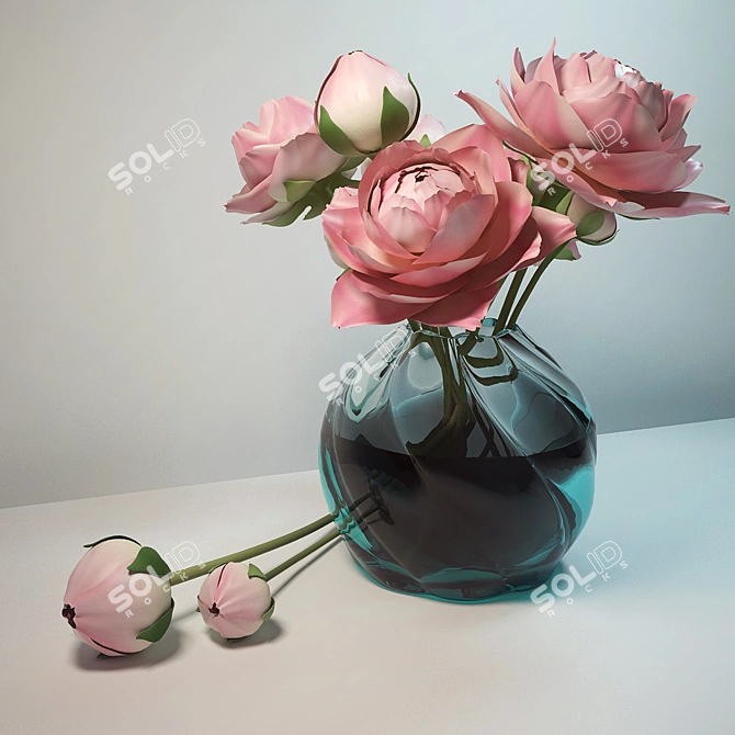 Elegant Peony Bouquet in Glass Vase 3D model image 1