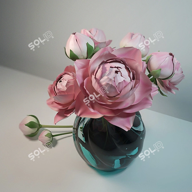 Elegant Peony Bouquet in Glass Vase 3D model image 3