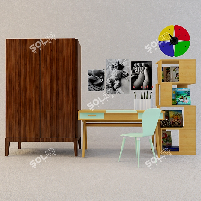 Children's Furniture Set: Wardrobe, Desk, Chair, Shelf 3D model image 1