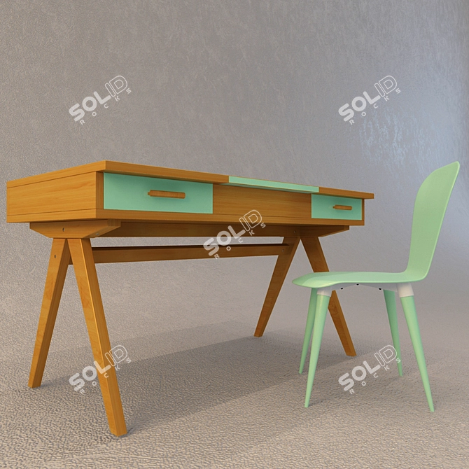 Children's Furniture Set: Wardrobe, Desk, Chair, Shelf 3D model image 2