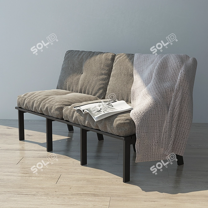 Cozy Terrace Bench with Cushions and Knitted Blanket 3D model image 1