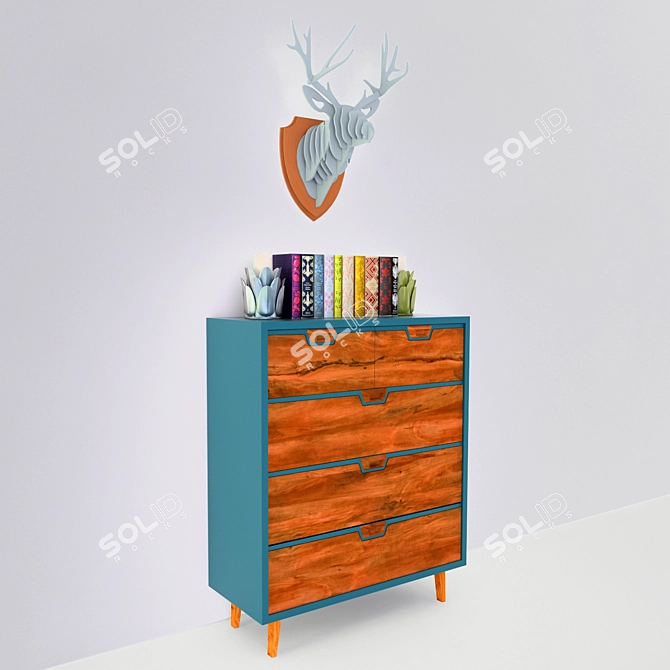 MidCentury Blue Dresser: Wooden Facades, Book Texture, Candle Holder, Antler Accent 3D model image 2