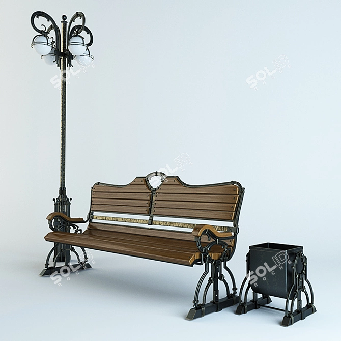 Forged Bench with Lantern and Trash Bin 3D model image 1