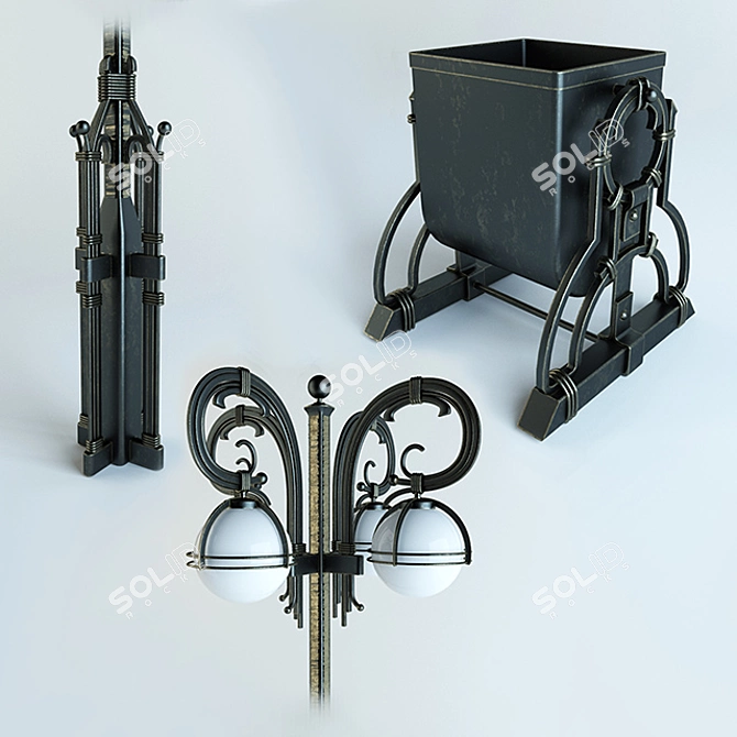 Forged Bench with Lantern and Trash Bin 3D model image 2