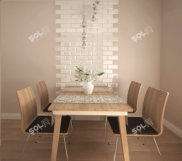 Modern Wood Dining Set 3D model image 2