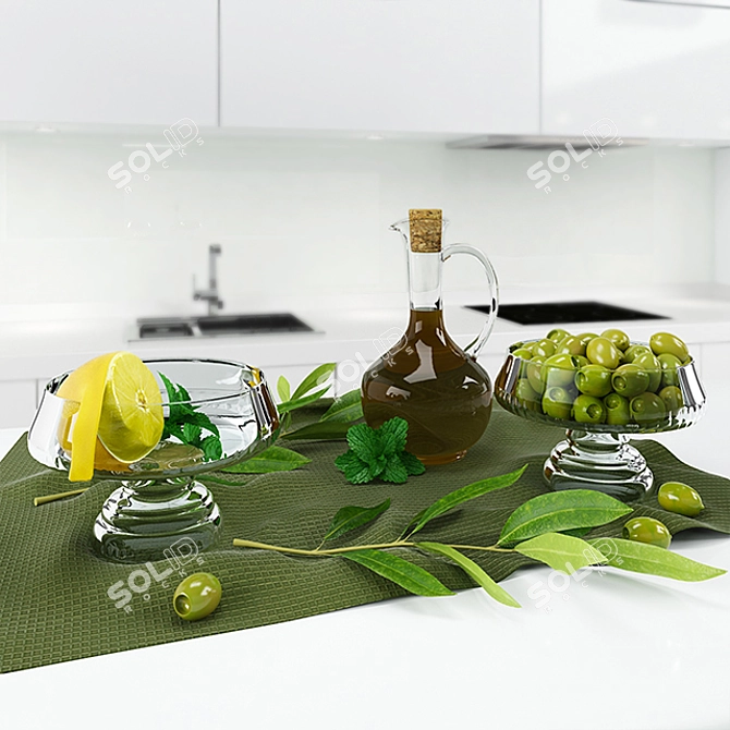 Green tones kitchen still life 3D model image 1