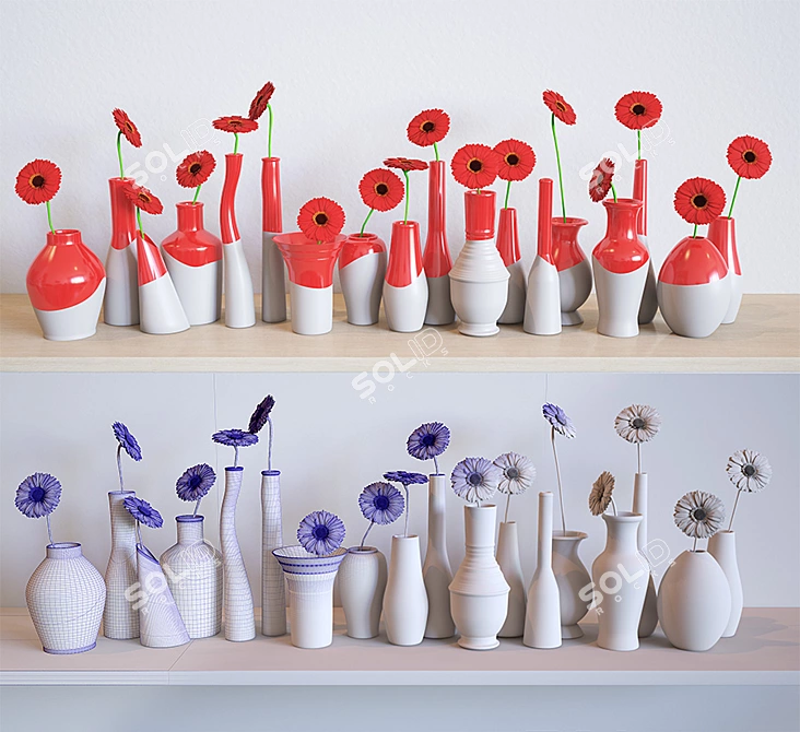 Red Blooms: Decorative Vases & Gerbera 3D model image 1