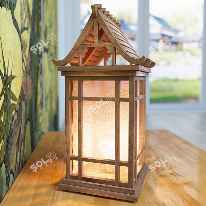 Vintage Japanese Wooden House Lamp 3D model image 1