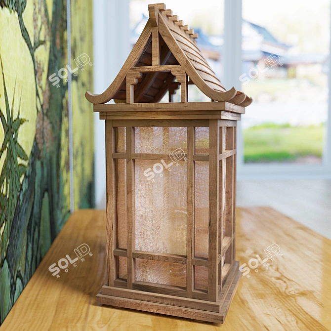 Vintage Japanese Wooden House Lamp 3D model image 2