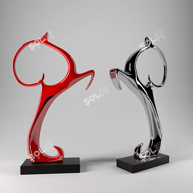 Elegant Chrome and Red Metal Deer Statuette 3D model image 1