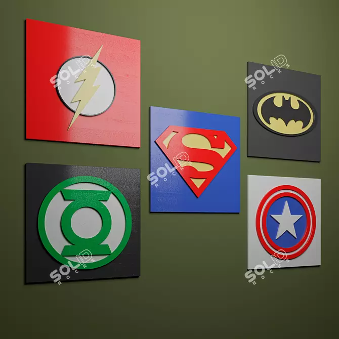 Superhero Signs: Batman, Superman, Captain America, Green Lantern, Flash 3D model image 1