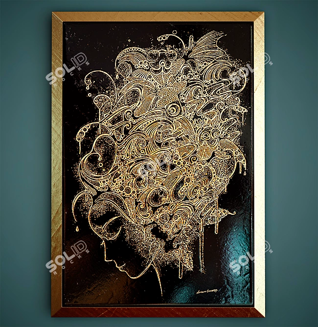 Engraved & Gilded Marble Panel with Bronze Frame 3D model image 1