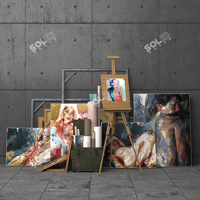 Decorative Set: Box, Easel & Artworks 3D model image 1