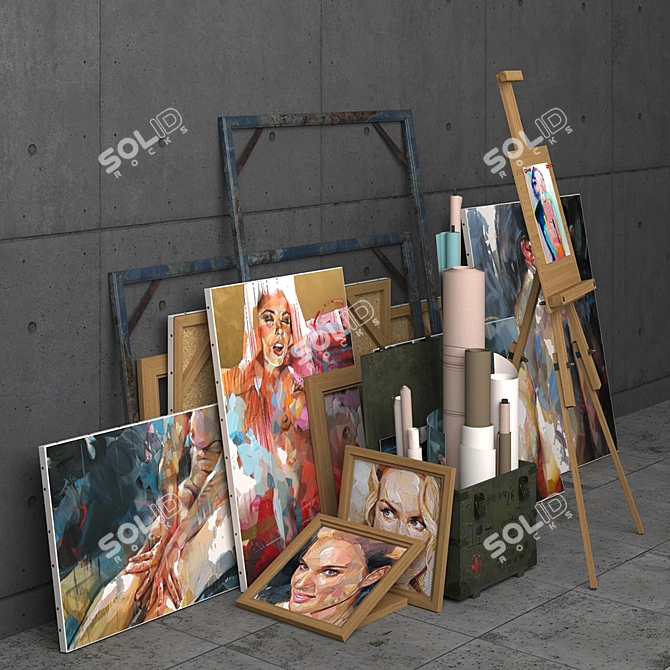 Decorative Set: Box, Easel & Artworks 3D model image 3