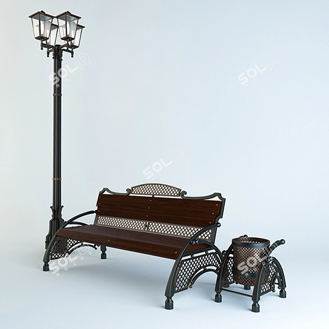 Forged Bench with Lantern and Trash Bin 3D model image 1