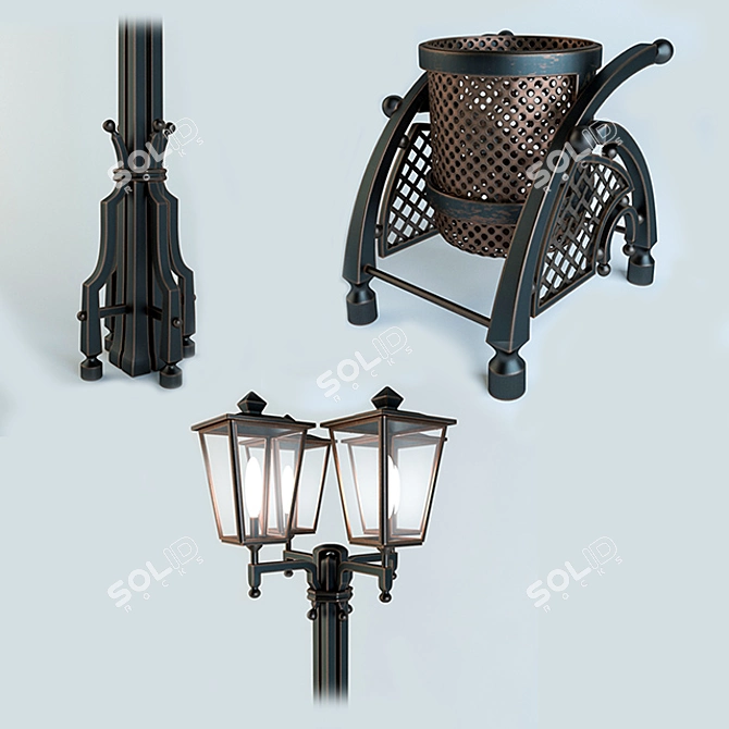 Forged Bench with Lantern and Trash Bin 3D model image 3