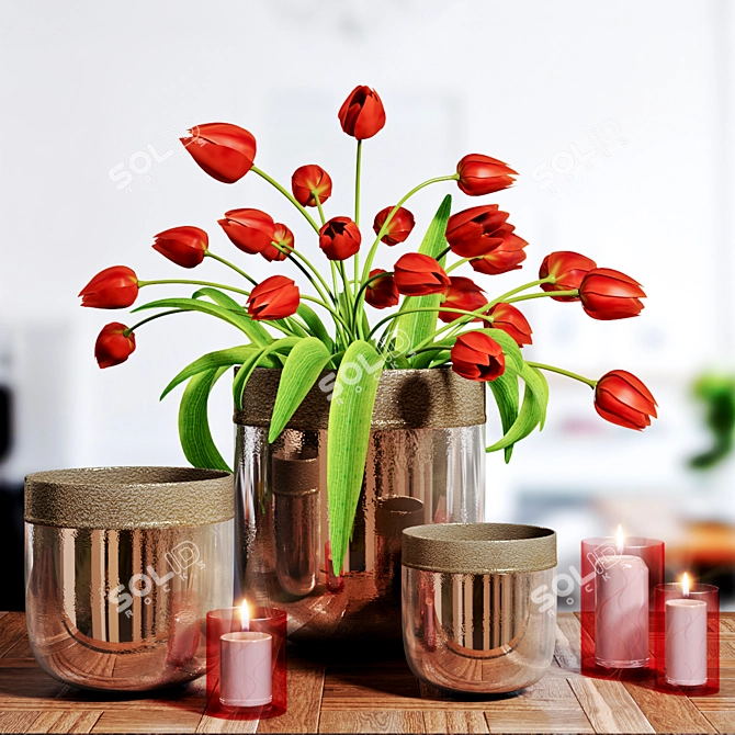 Elegant Blooms: Vase and Candle 3D model image 1