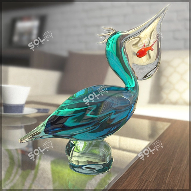 Glass Pelican Figurine with Fish 3D model image 1