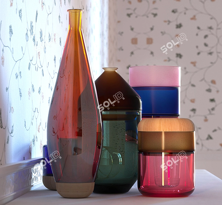 Beautiful Glass and Wood Vases 3D model image 2