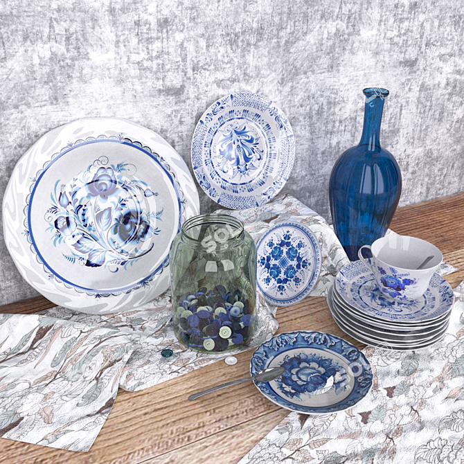 Gzhel: Exquisite Ceramic Tableware 3D model image 1