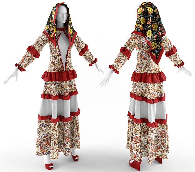 Russian Style Women's Dress 3D model image 1