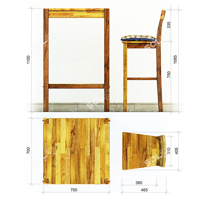 Solid Oak Bar Table and Chair 3D model image 2