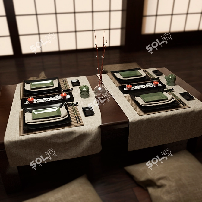 Japanese Tableware Set: Table & Pillows 3D model image 2