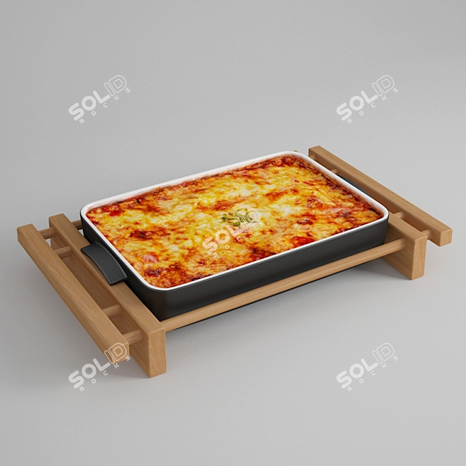 Delicious Lasagna Set: Porcelain Bowl & Wooden Rack 3D model image 1