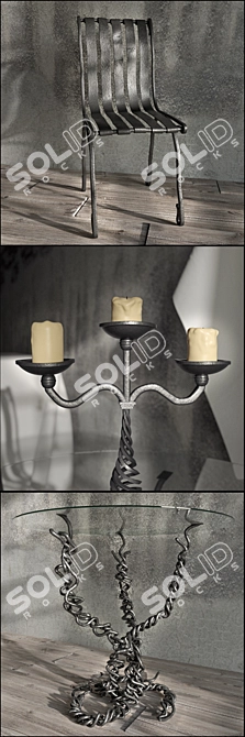 Forged Iron Chair, Table & Candlestick 3D model image 2