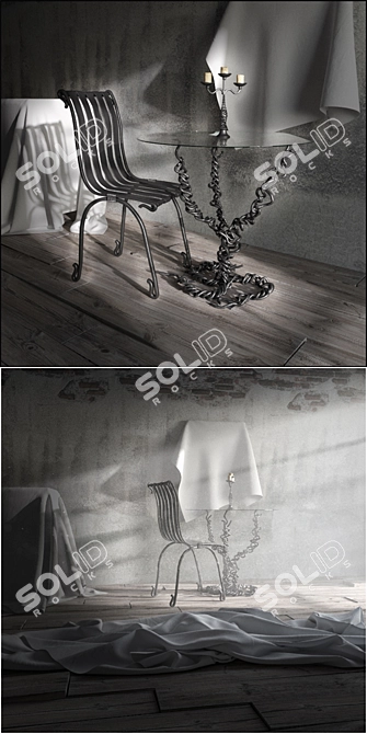 Forged Iron Chair, Table & Candlestick 3D model image 3