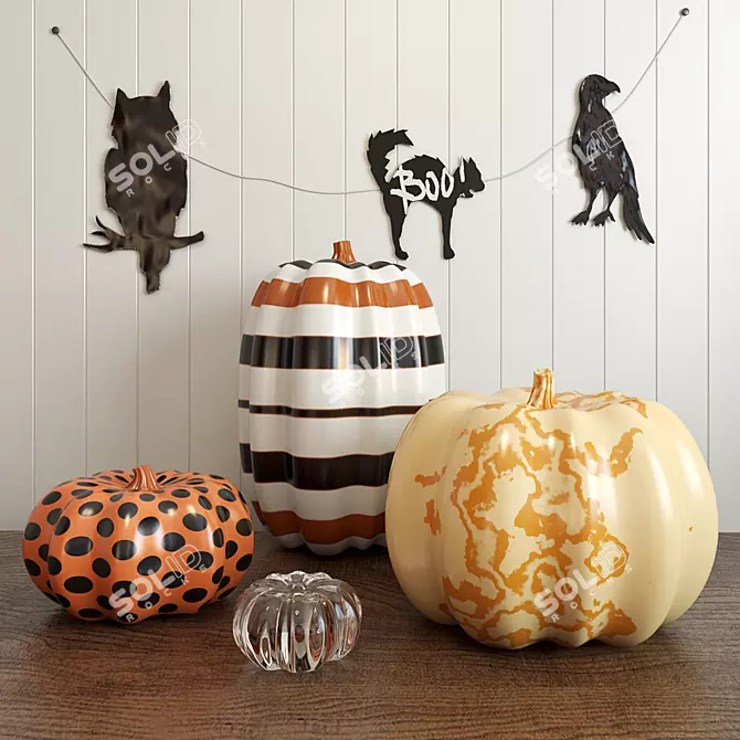 Spooky Halloween Decor Set: Pumpkins, Cat, Owl & Crow 3D model image 1