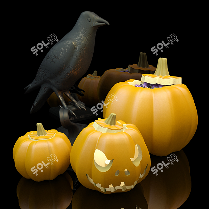 Halloween Decor Set: Pumpkin Lantern, Candy Vase & Crow Statue 3D model image 1