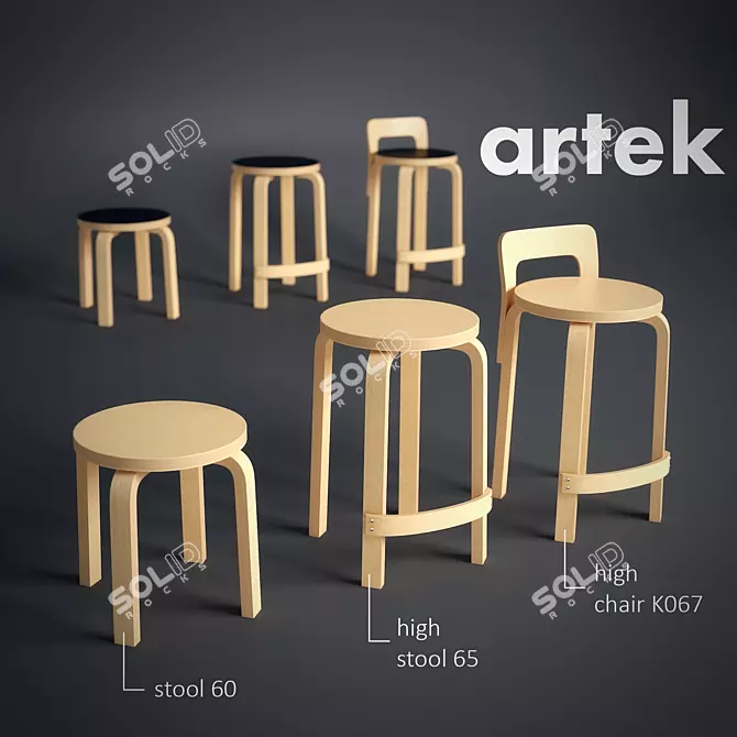 Artek Stool & High Chair Set 3D model image 1