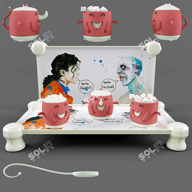 Decorative Dish Set: Cup, Teapot, Sugar Bowl, Spoon, Tray 3D model image 1