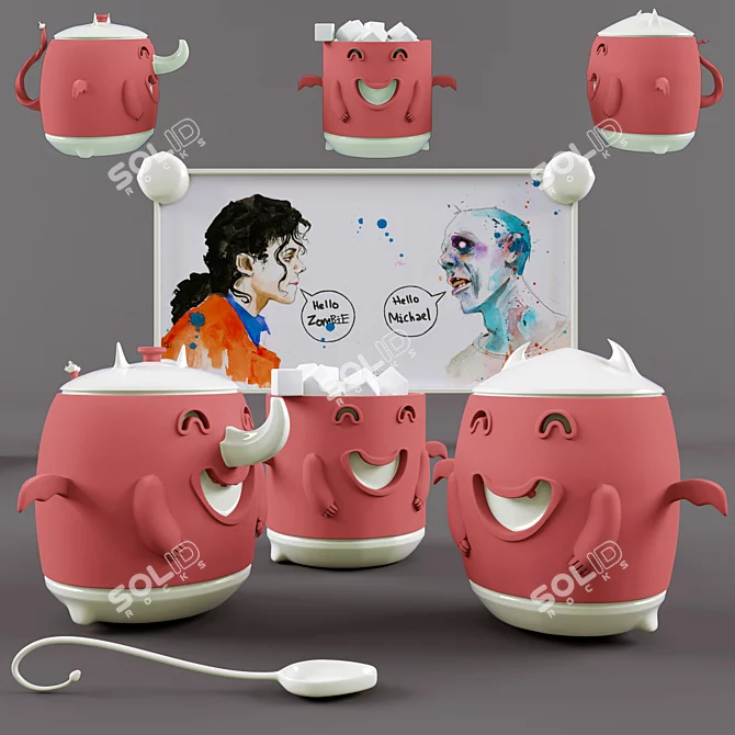 Decorative Dish Set: Cup, Teapot, Sugar Bowl, Spoon, Tray 3D model image 2