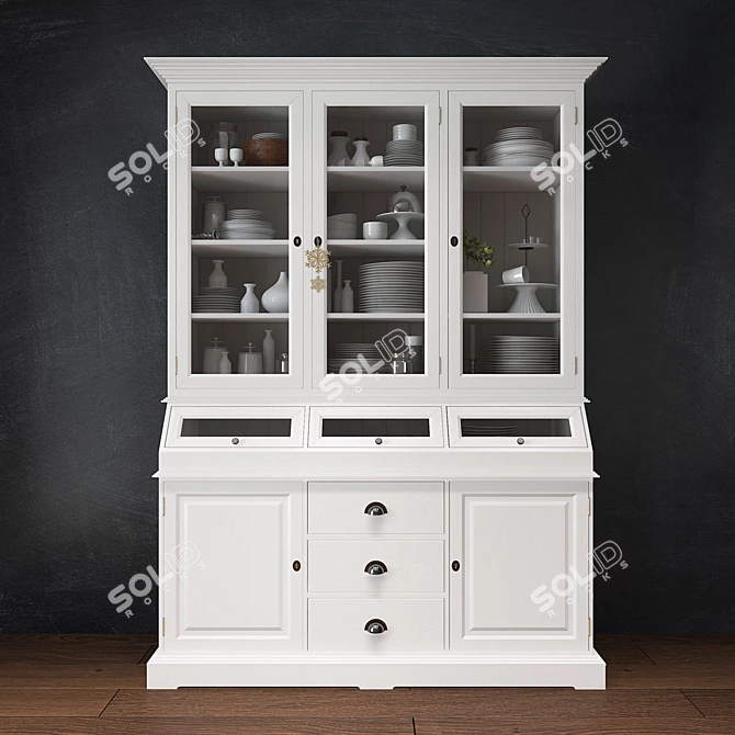 Elegant Wood Kitchen Buffet with Dinnerware Set 3D model image 1