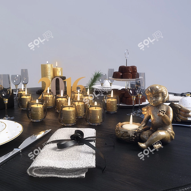 Golden New Year Wood Table 3D model image 3