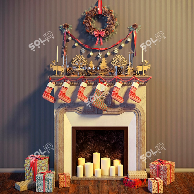 Title: Minimalistic Pinecone Wreath Fireplace Decor 3D model image 1