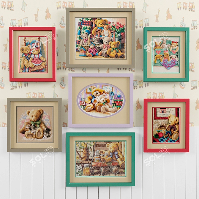 Colorful Teddy Bears Embroidery 3D model image 1