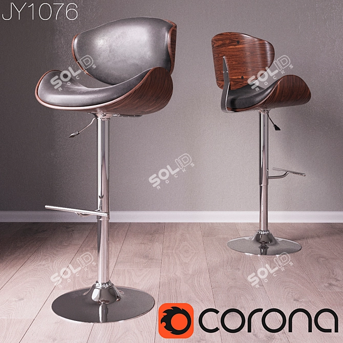 Modern Adjustable Barstool with Walnut Base and Black Leather Seat 3D model image 1