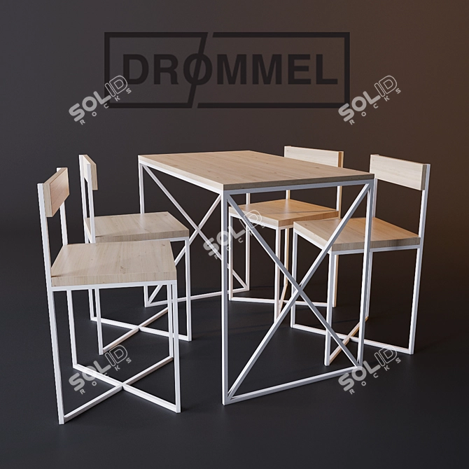 Modern Steel and Pine Table Set 3D model image 1
