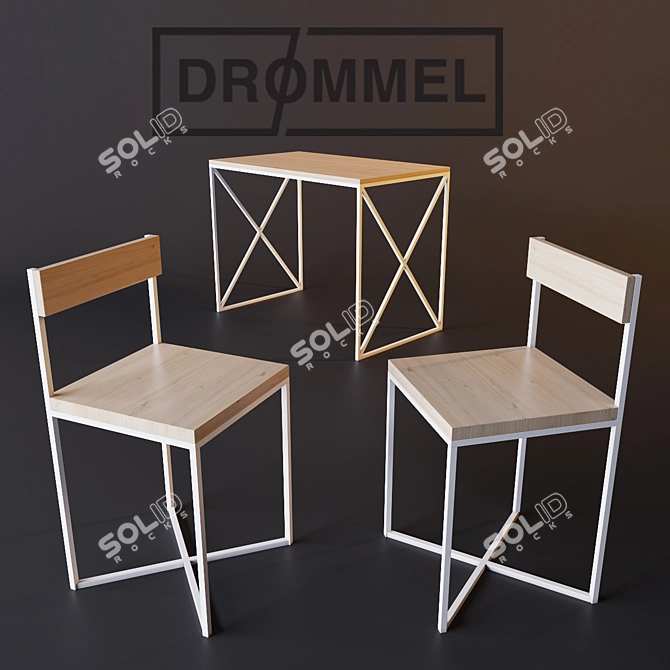 Modern Steel and Pine Table Set 3D model image 2