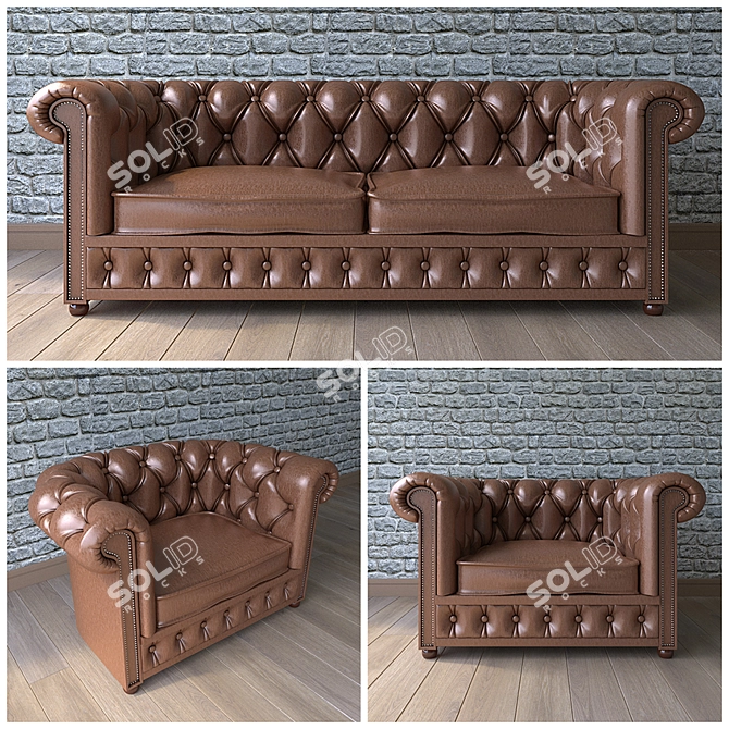 Elegant Chesterfield Sofa Set 3D model image 1