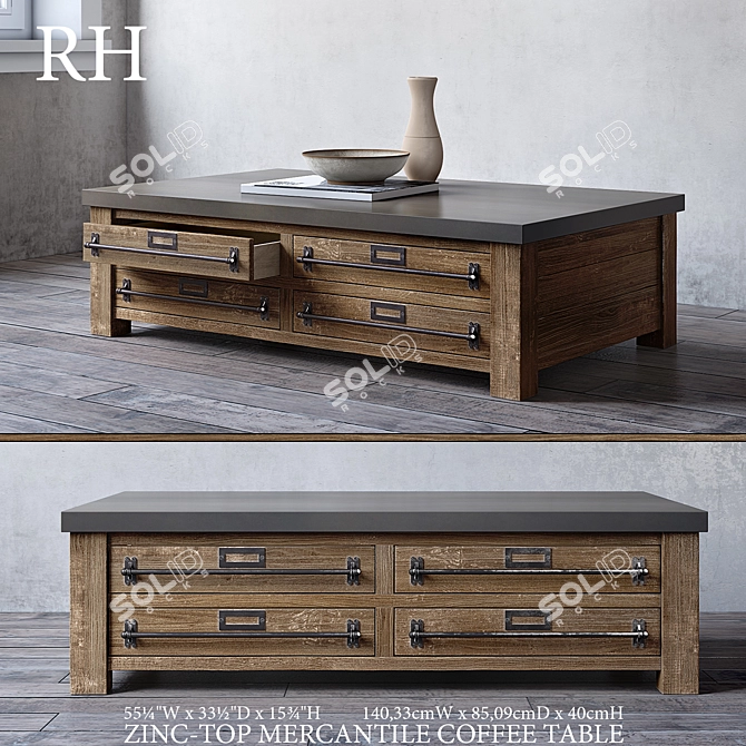 Rustic Zinc Mercantile Coffee Table 3D model image 1